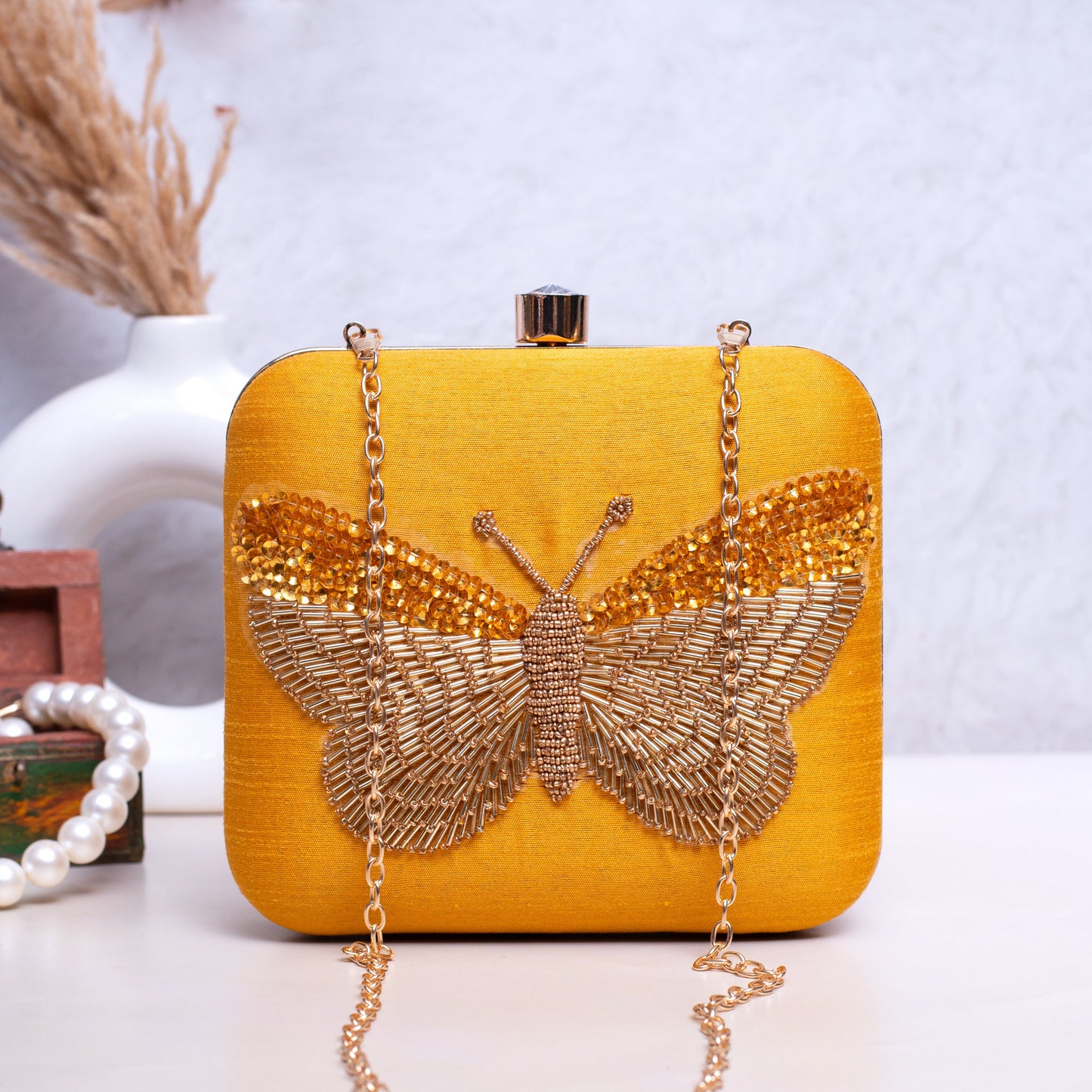 DARK GOLD EMBROIDERY WORK ART SILK CLUTCH