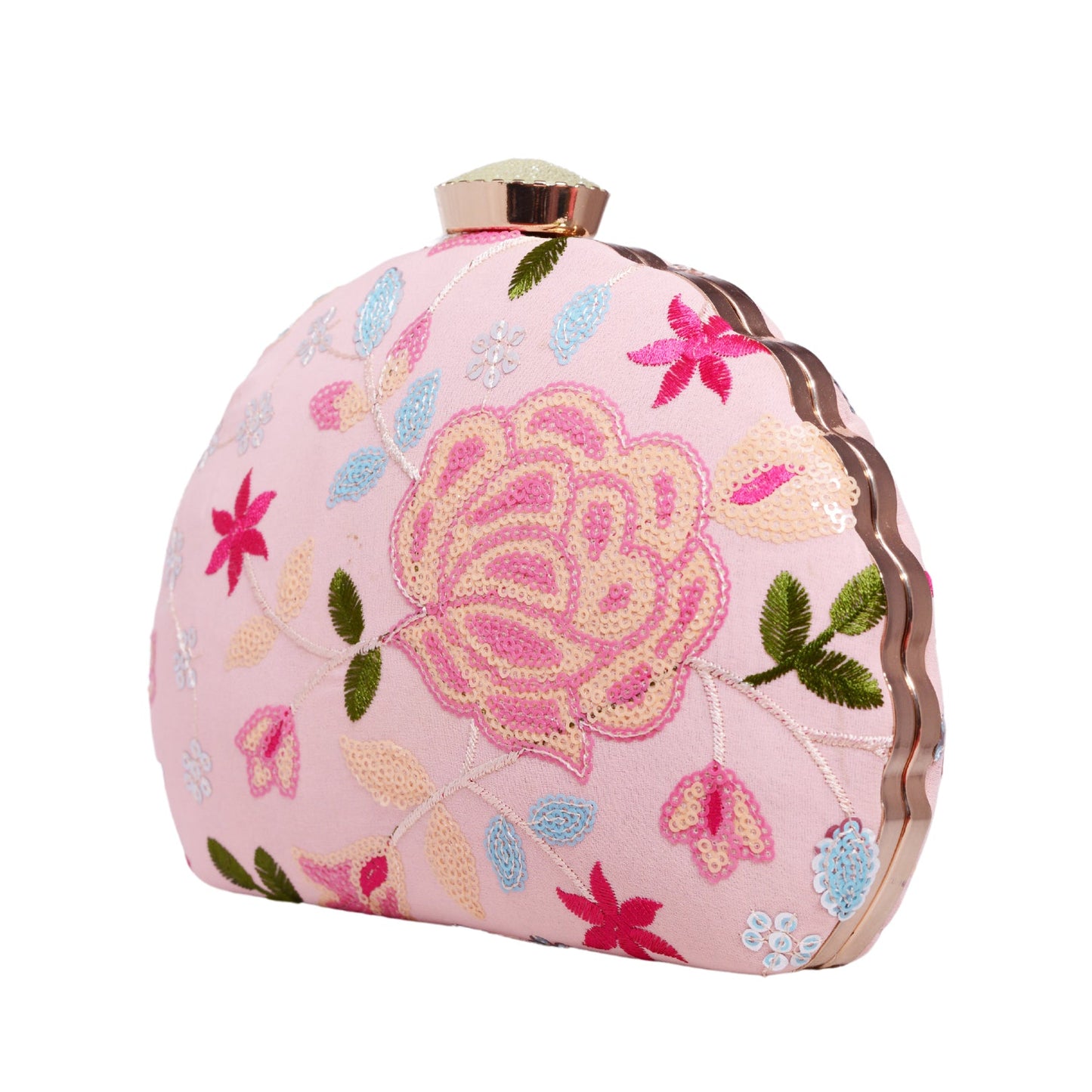 Pink Embroidered Half Moon Clutch