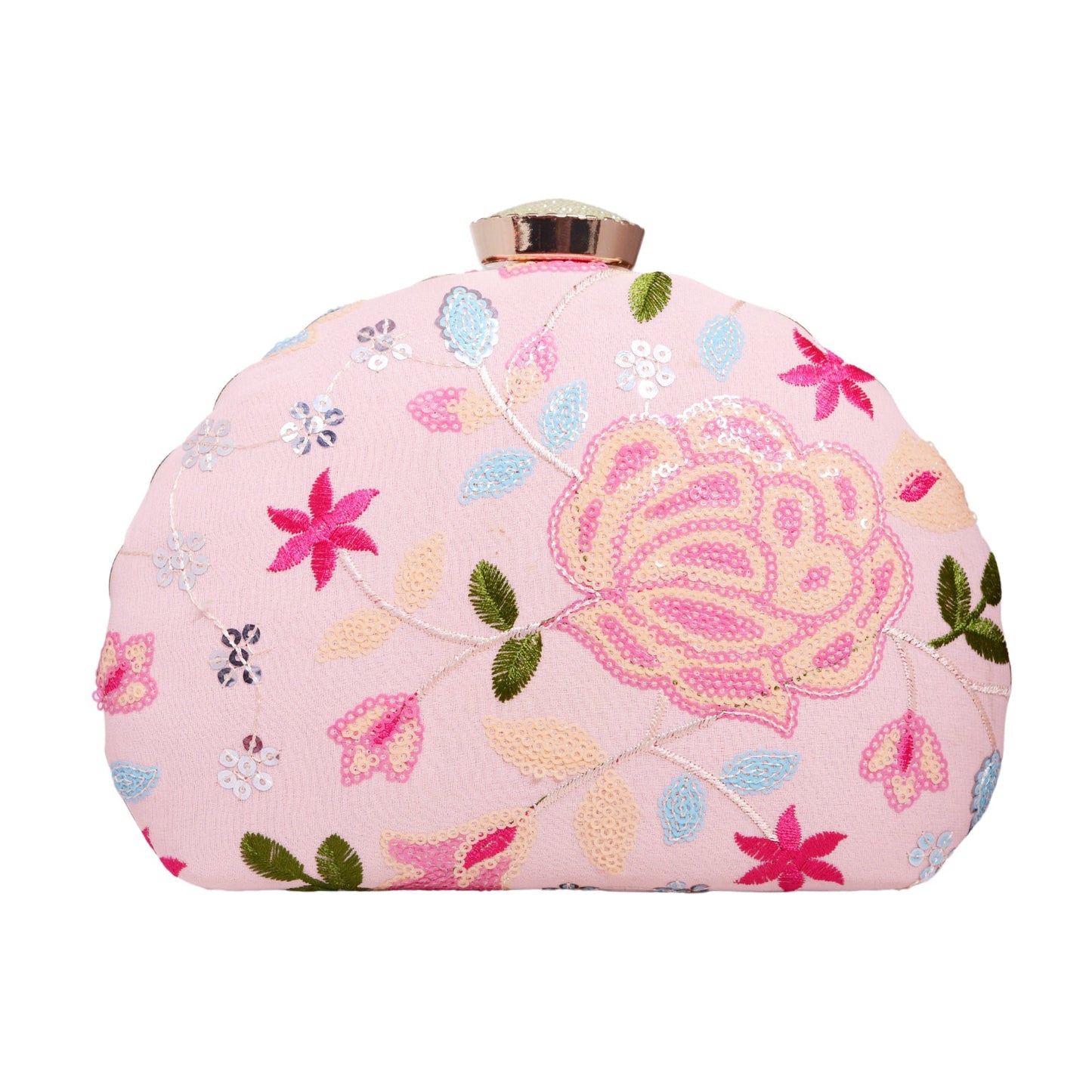 Pink Embroidered Half Moon Clutch