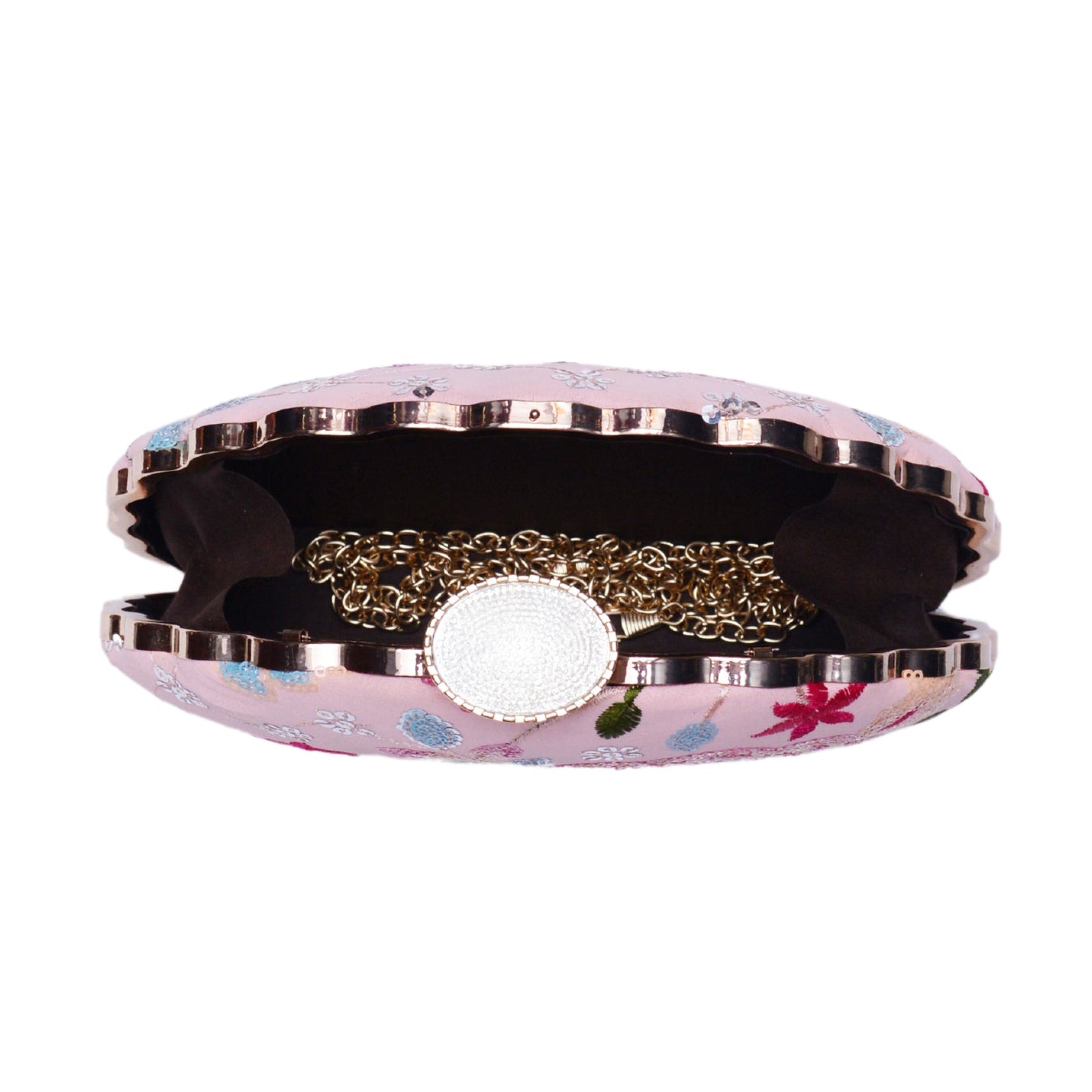 Pink Embroidered Half Moon Clutch