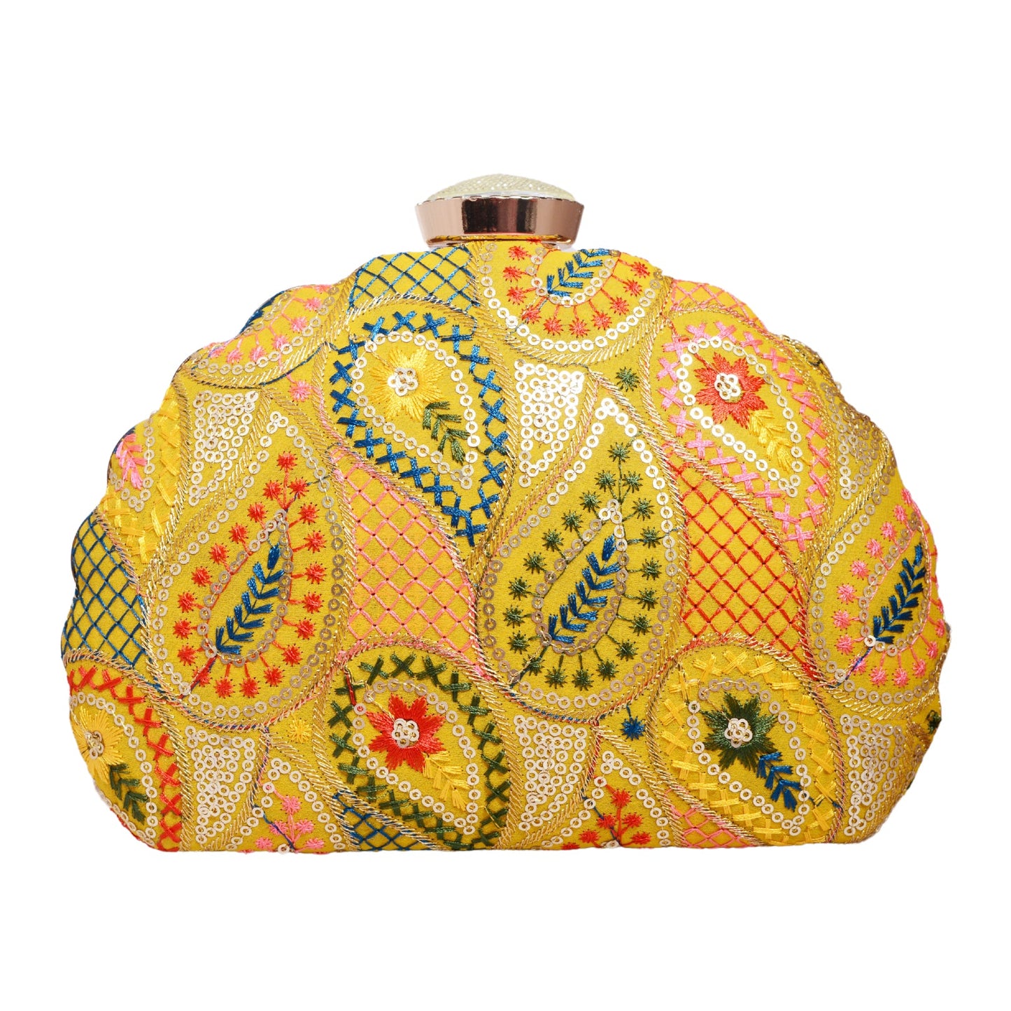 Yellow Sequins Embroidered Half Moon Clutch