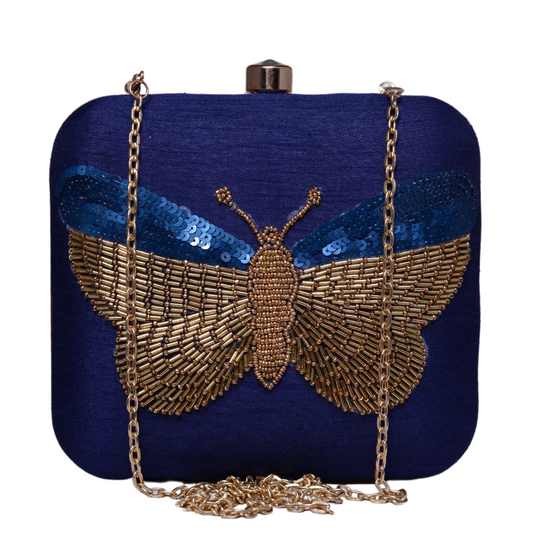 ROYAL BLUE EMBROIDERY WORK ART SILK CLUTCH