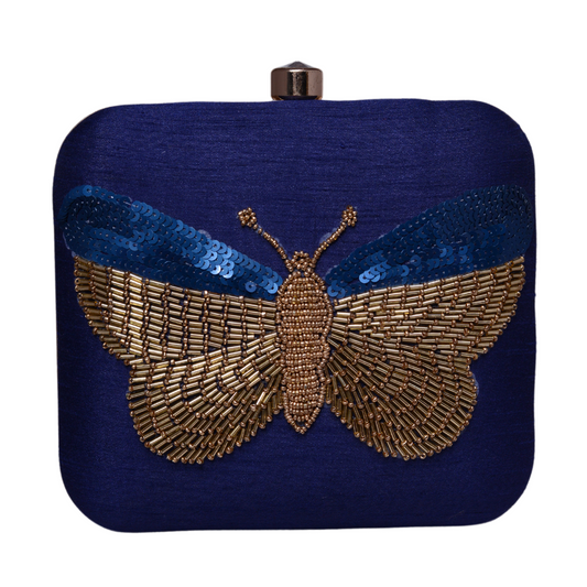 Dark Blue Embroidered Work Art Silk Clutch