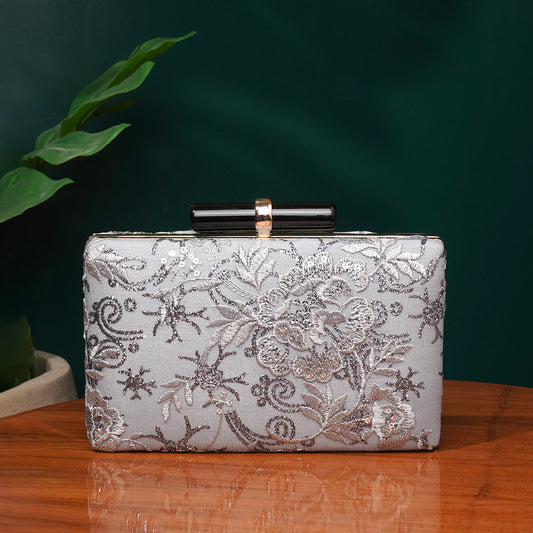 Grey Embroidered Clutch