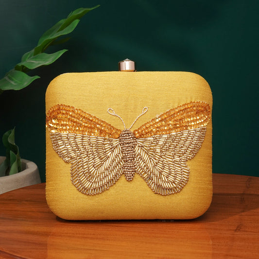 DARK GOLD EMBROIDERY WORK ART SILK CLUTCH