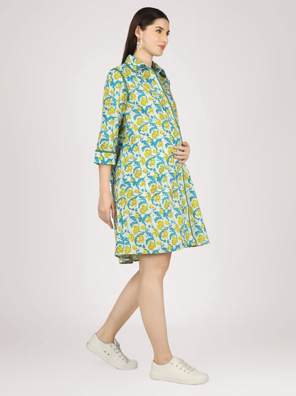Pom Pom White and Blue Printed Cotton Maternity Shirt Dress