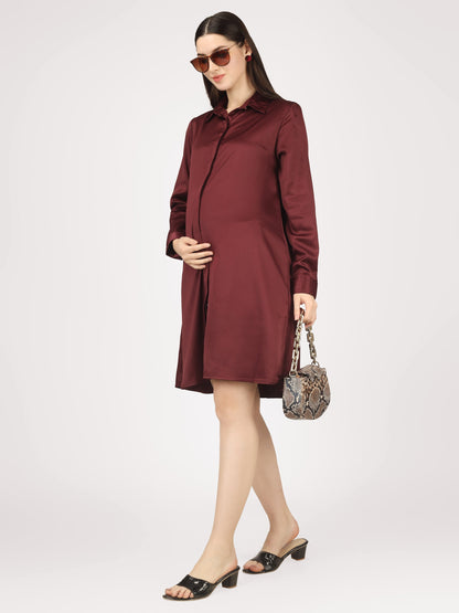Burgundy Satin Shirt - Luxury Maternity Dress