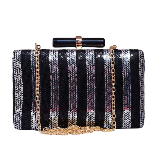 Black and Silver Sequins Fabric Party Clutch