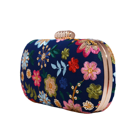 Royal Bue Floral Embroidered Capsule Clutch