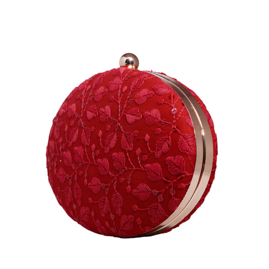Red Chikankari Oval Clutch