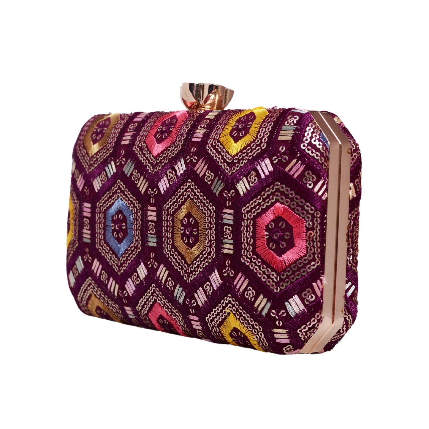 Wine Rectangle Sequins Embroidered Clutch