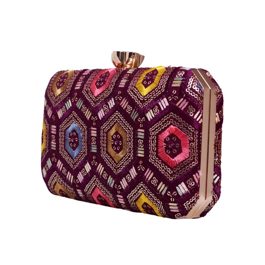 Wine Rectangle Sequins Embroidered Clutch