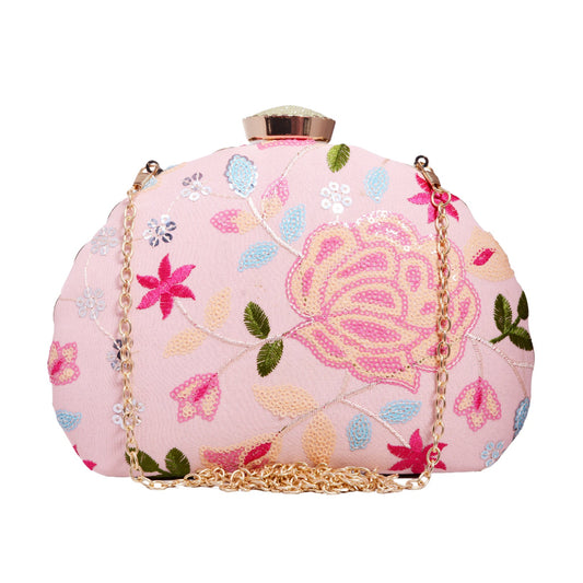 Pink  Embroidered Half Moon Clutch