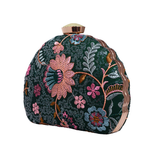Marine Green Embroidered Half Moon Clutch