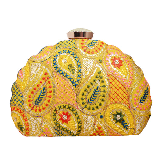 Yellow Sequins Embroidered Half Moon Clutch