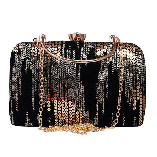 Black Embroidered Clutch with Golden Sequins