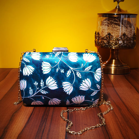 Bluish Green & White Lotus Printed Floral Clutch