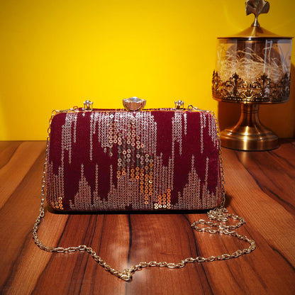 Maroon Embroidery Clutch with Golden Sequins