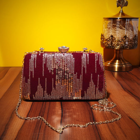 Maroon Embroidery Clutch with Golden Sequins