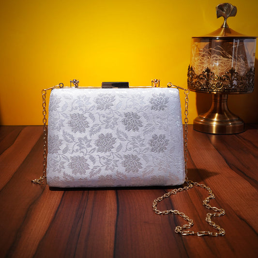 White & Silver Fabric Clutch